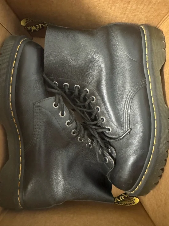 Dr. Martens Black Leather Lace-Up Platform Boots with Yellow Stitching - Picture 10 of 10